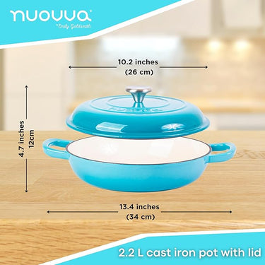 2.2L cast iron pot with lid. Shallow cookware for oven safe cooking. 