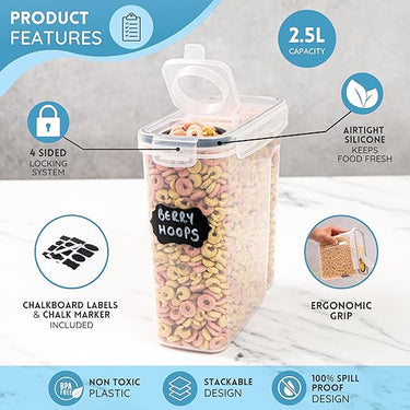 2.5L capacity airtight containers with locking system. Kitchen organiser with chalk and labels. 