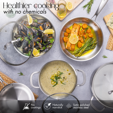 Healthier cooking with nuovva 8pcs non-stick satin polish stainless steel cookware set with no coating and no chemicals. 