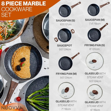 8 piece marble cookware set includes 2 saucepans, 2 frying pans, 1 saucepan with lids. 