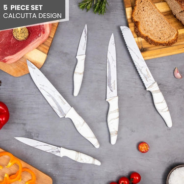 5 piece Calcutta knife set including tomato knife, carving knife, chefs knife, bread knife and more.