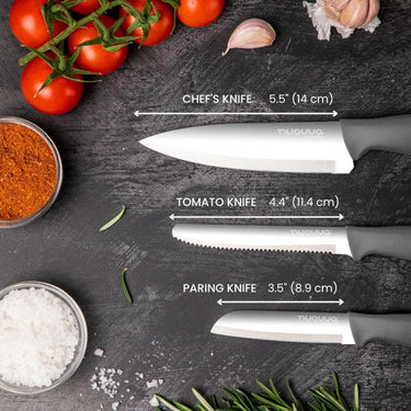 Nuovva grey kitchen knife set with stainless steel blades. Chef's knife, tomato knife and paring knife. 