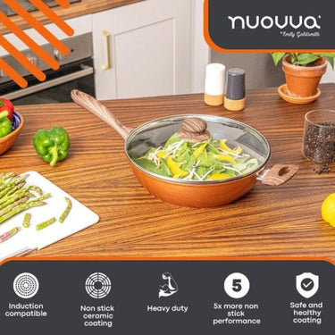 Nuovva copper frying pan with glass lid and handle 