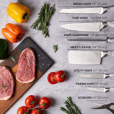 Bread knife, chef knife, knife sharpener, paring knife, meat cleaver