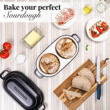Bake your perfect sourdough with nuovva black cast iron bread loaf pan with lid. 