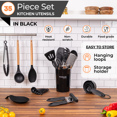 35pcs black utensil set with storage holder, hanging loops and non-scratch food grade durable utensils