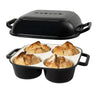 Black cast iron bread pan with lid, easy grip handles and 4 bread compartments for home baked sourdough