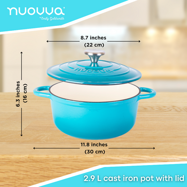 2.9L cast iron pot with lid. Light blue casserole dish. 