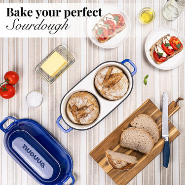 Bake your perfect sourdough with Nuovva cast iron double loaf pans with lid in dark blue. 