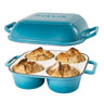 Blue cast iron bread loaf pan with 4 bread compartments for easy home baking