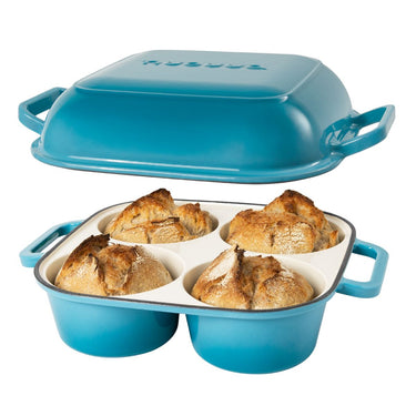 Blue cast iron bread loaf pan with 4 bread compartments for easy home baking