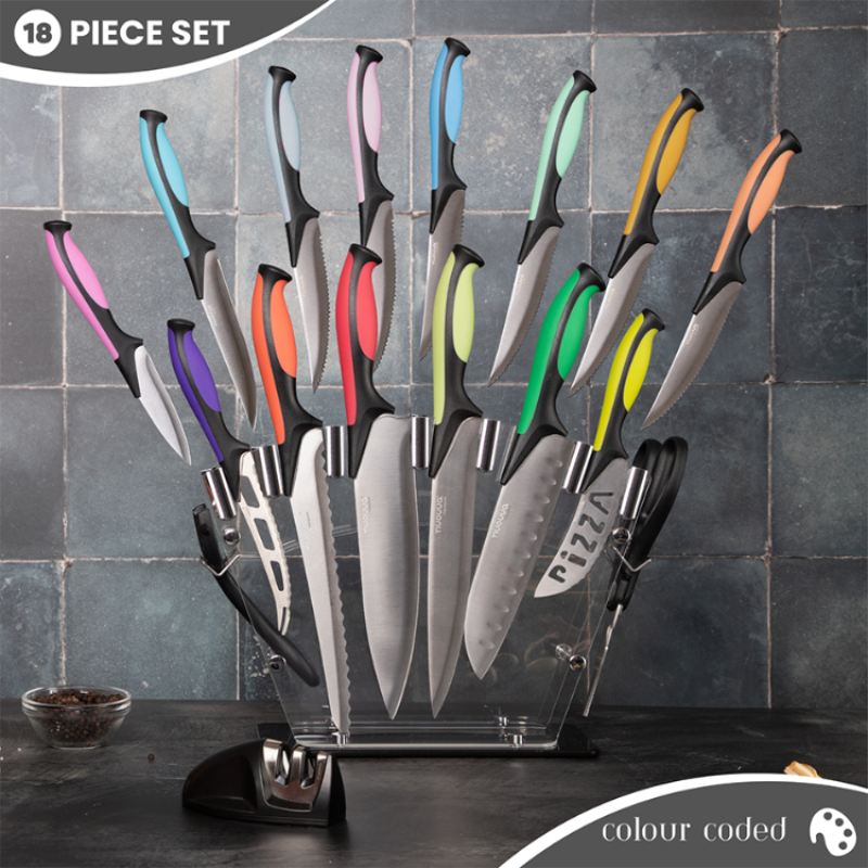 Colour-Coded Kitchen Knife Set With Block (Multiple Sizes) 5 and 17 Pi ...