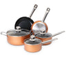 Copper cookware set including pots and pans with lids