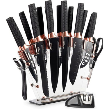 Professional copper Kitchen Knife Set with Acrylic Block - 17 Pieces by Nuovva
