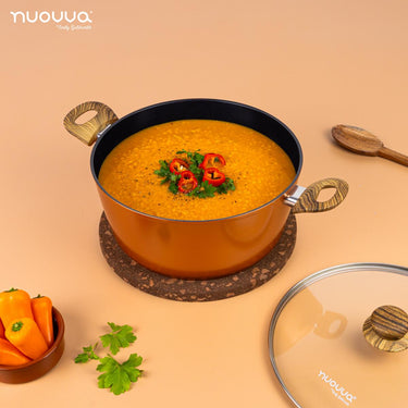 nuovva copper casserole pot with glass lid and wooden handles for home cooking