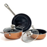 Copper cookware set. Frying pan, stock pot and saucepan with lid. 