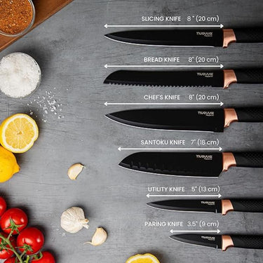 Copper kitchen Knive set with slicing knife, bread knife, chef knife, santoku knife, utility knife and paring knife. 