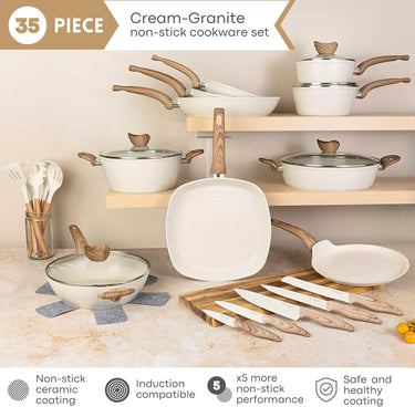  35-piece cream granite cookware set includes sauté pan, casserole post with lid, saucepans with lids, frying pans, square griddle pan, crepe pan, 5x premium silicone utensils, 10x premium pot protectors, 5x kitchen knives - 4.5” utility knife 8” slicing knife 8” chef knife 8” bread knife 3.5” paring knife. 