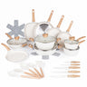  35-piece Ceramic cookware set includes sauté pan with lid, shallow casserole pot with lid, deep casserole pot with lid 2x saucepans with lids, 3x frying pans, square griddle pan, crepe pan, premium silicone utensils, 10x premium pot protectors and 5x kitchen knives  including utility knife slicing knife, chef knife, bread knife and paring knife.