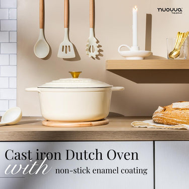Nuovva cream cast iron Dutch oven with non-stick enamel coating, lid and stylish gold knob for bread baking 