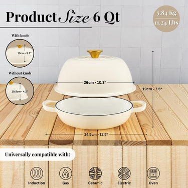 Measurements for Nuovva cream bread pot with knob universally compatible with all stove tops and ovens. 