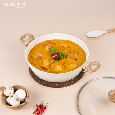 Nuovva cream ceramic shallow casserole pot with wooden handle and glass lids. 