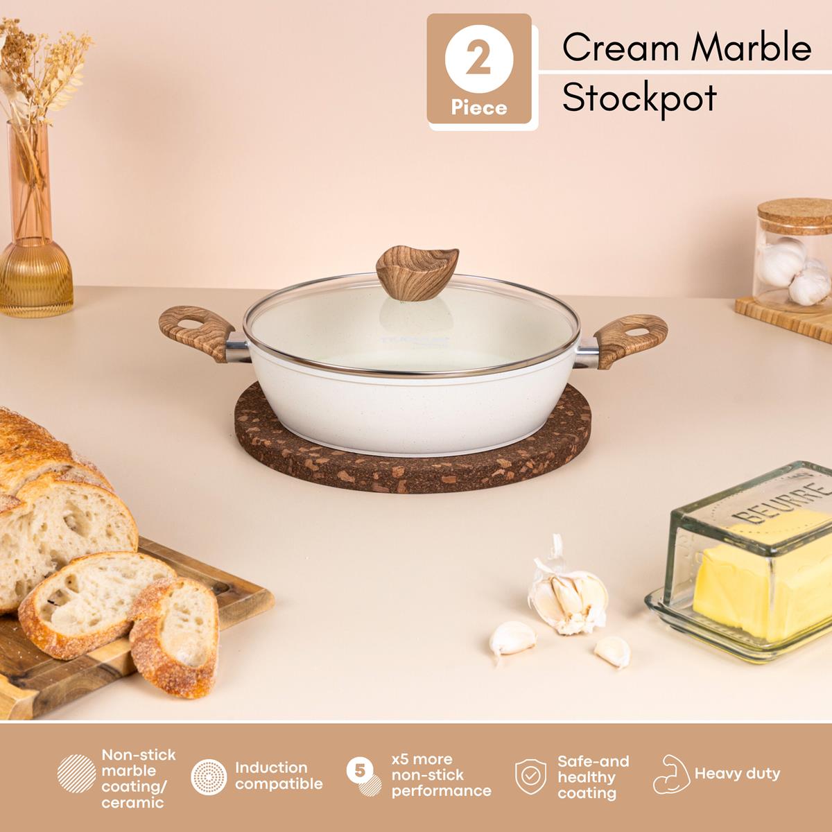 Cream Non Stick Shallow Casserole Pot with Glass Lid - 26cm, by Nuovva ...