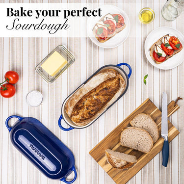 Bake your perfect sourdough with nuovva dark blue cast iron bread loaf pan with lid