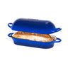 Dark blue enamelled cast iron bread loaf pan with lid for home baking. 