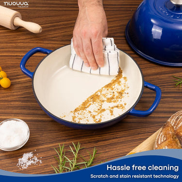 Nuovva cookware hassle-free cleaning and scratch and stain resistant technology. 