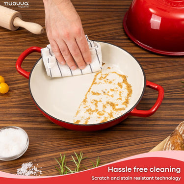 Red cast iron bread pan with scratch and stain resistant technology - hassle free cleaning. 