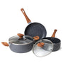 Granite cookware set with glass lid and wooden handles. 