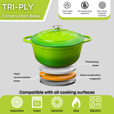 Light green induction cooking. Cast iron cookware with lid. 