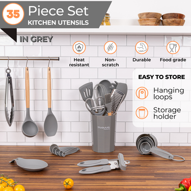 35pcs kitchen utensil set in grey, features easy to store, heat resistant and non-scratch food grade durability 