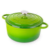 Light green cast iron Dutch oven with lid. 