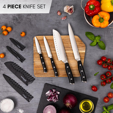 Nuovva 4pcs knife set with protective sheath, set includes santoku knife, slicing knife, utility knife and paring knife. 