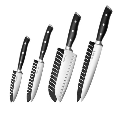 Nuovva set of kitchen knives with protective sheath - includes a 8" slicing knife, 7" Santoku, 5" utility, and 3.5" paring knife