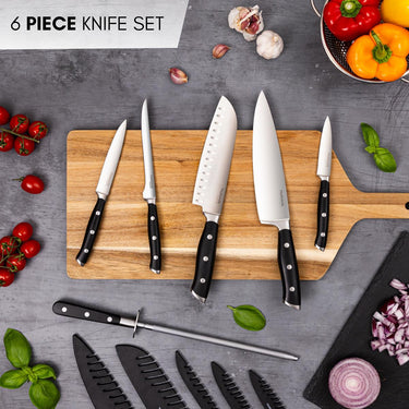 Nuovva 6 piece knife set with protective sheath including chefs knife, knife sharpener, paring knife and more. 