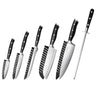 Nuovva set of kitchen knives include a knife sharpening tool, paring knife, utility knife, boning knife, chefs knife and santoku knife. 
