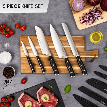Nuovva 5 piece kitchen knife set including a bread knife, chefs knife, santoku knife, boning knife and paring knife (with protective sheaths)