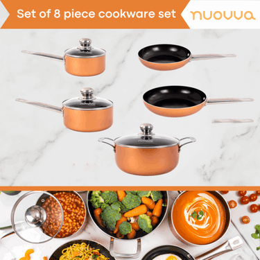 Set of 8 cookware pieces including 2 frying pans, saucepans and pots. 