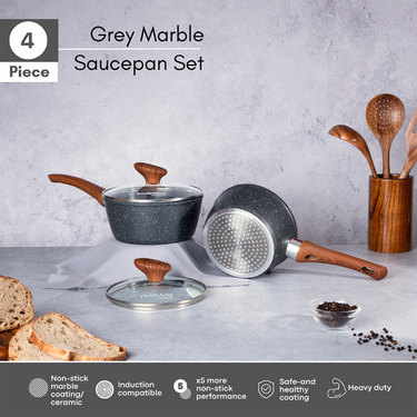 Marble saucepan set with glass lids and wooden handles
