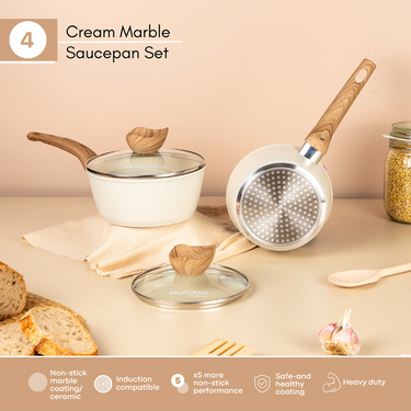 Cream marble saucepan sets for induction hob.