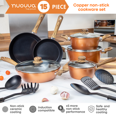 Nuovva 15 pcs copper nonstick cookware set. Induction compatible cookware set with ceramic coating