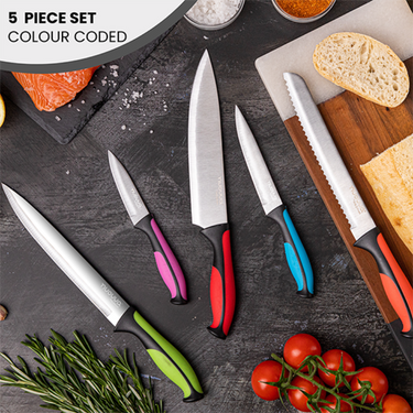 Colour-coded kitchen knife set of 5 kitchen knife set. Set includes utility knife, slicing knife, chef's knife, bread knife and paring knife. 