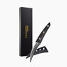Nuovva Japanese paring knife with Damascus styling, protective sheath and sleek gift box. 