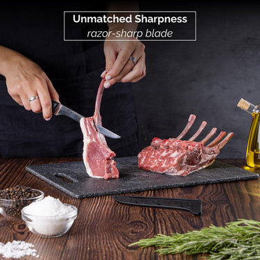 Nuovva Japanese boning knife with unmatched sharpness, razor sharp blade, protective sheath and a Pakkawood handle