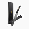 Nuovva Japanese bread knife with serrated edges, protective sheath and sleek packaging. 