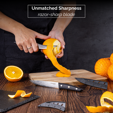 Nuovva Japanese knife boasts unmatched sharpness with razor sharp blade and protective sheath. 