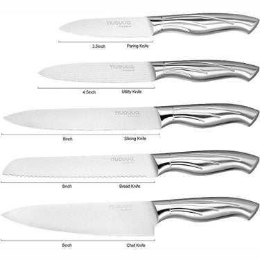 Kitchen Knife set including paring knife, utility knife, slicing knife, bread knife and chef knife. Stainless steel knife set. 